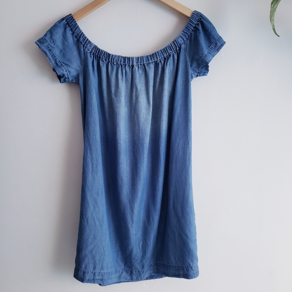 Anthropologie Cloth Stone Chambray Off Shoulder mini Dress Small tencel Lyocell